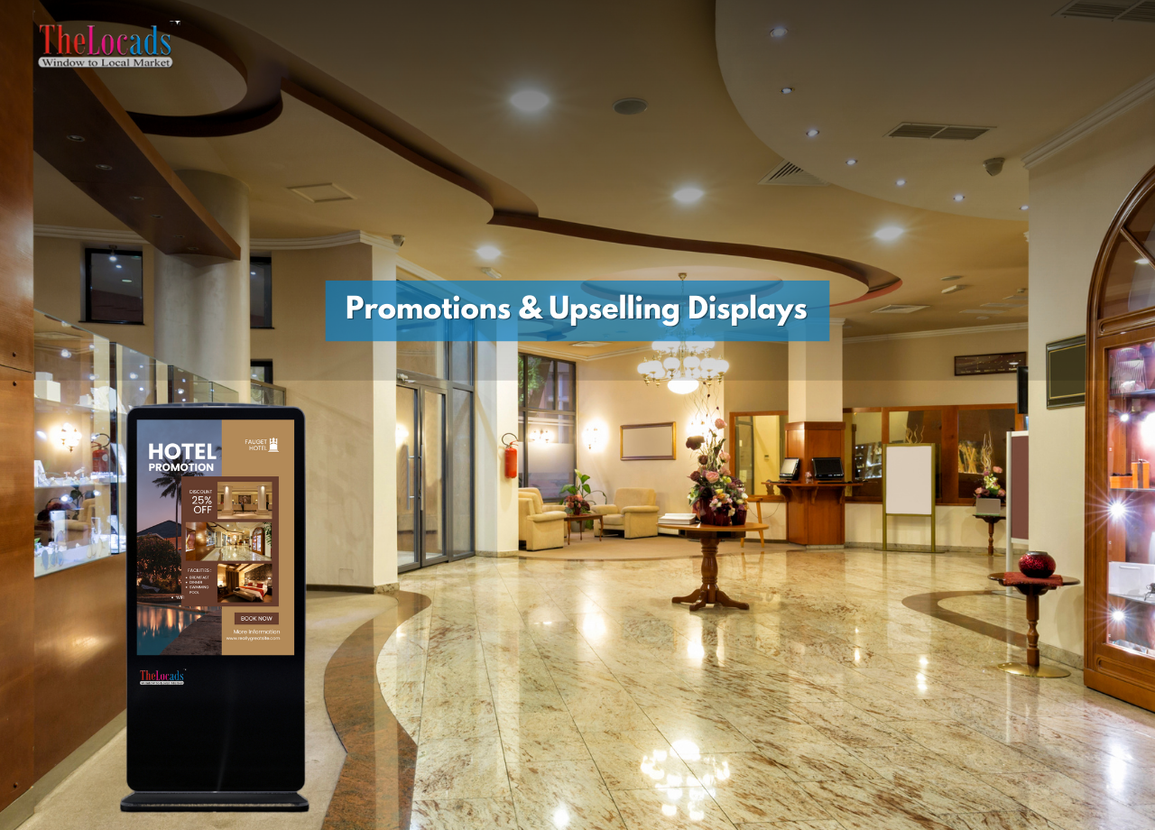 Digital signage in a hotel lobby promoting special offers and services with visually appealing content.